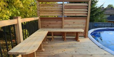 Louvered Privacy Wall for Outdoor Pool with Wooden Bench